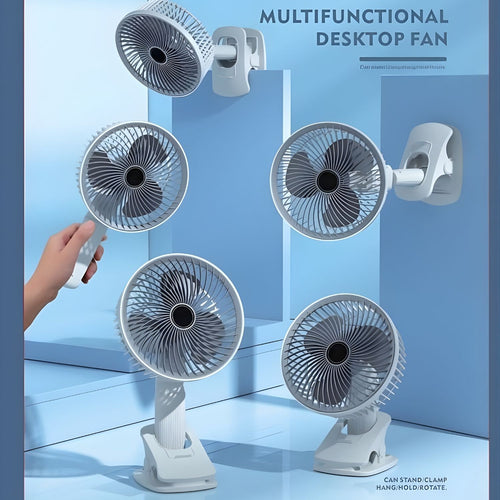 Rechargeable Clip-On Fan – 360° Rotation, 3 Speeds, USB Powered with Phone Holder